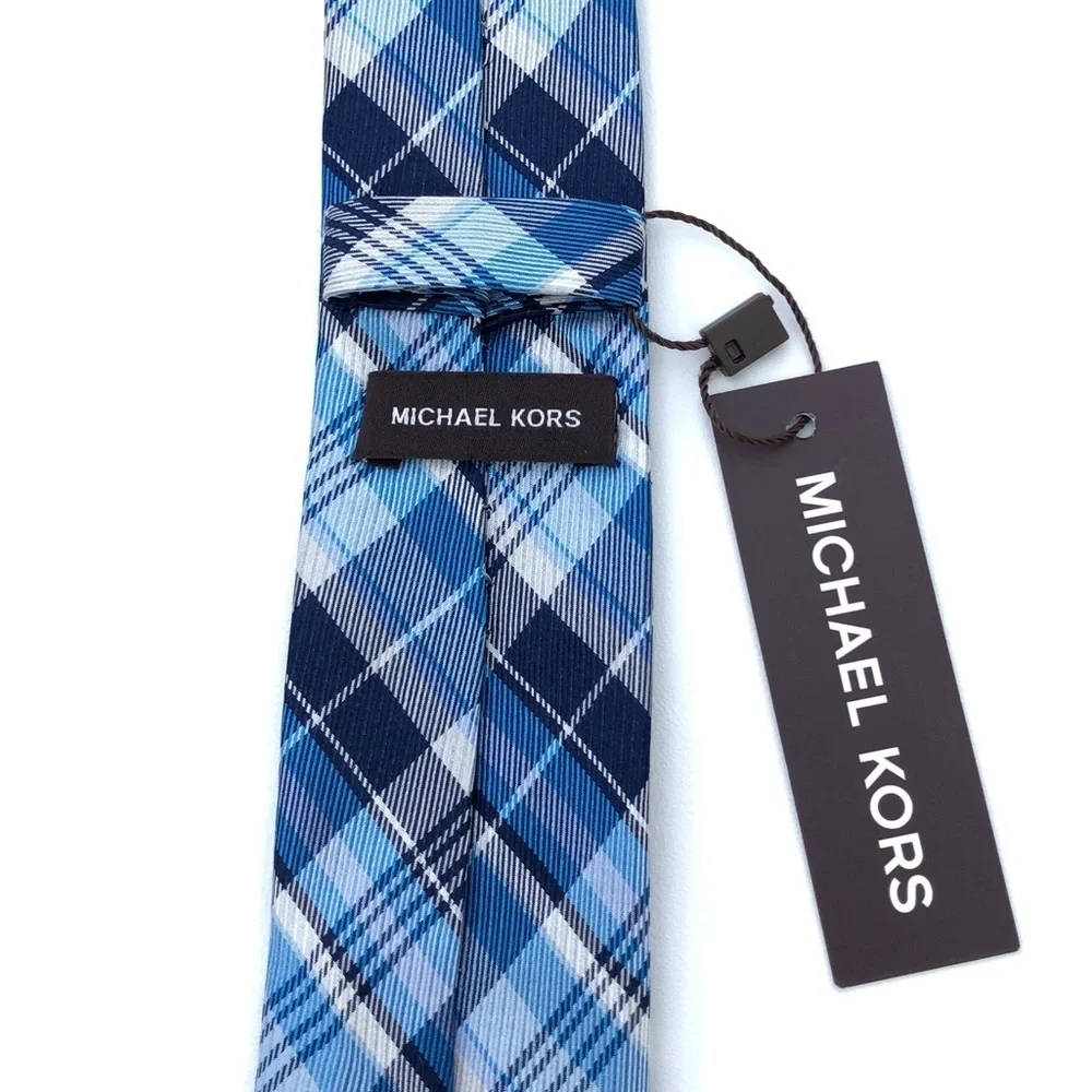MICHAEL KORS Boys White Blue Plaid Slim 100% Silk Neck Tie